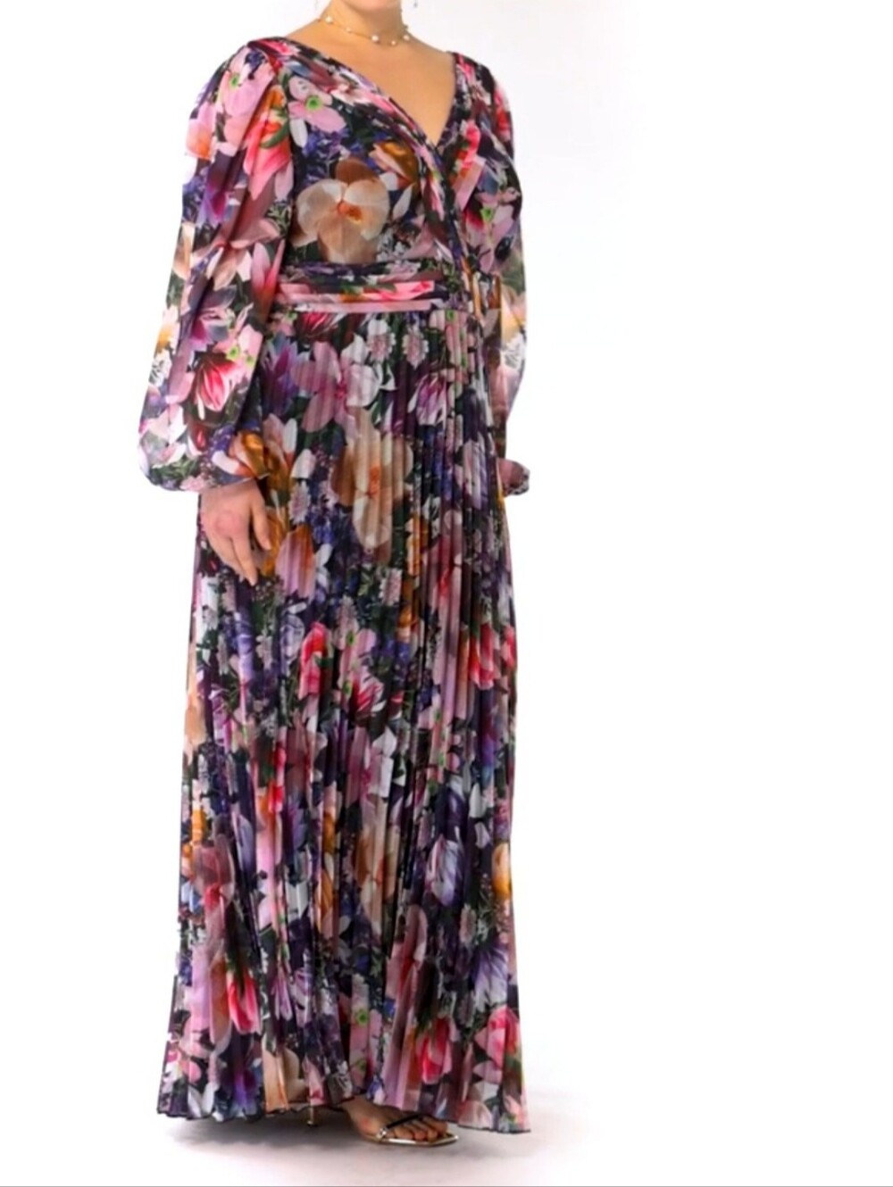 Floral Long Sleeve V-Neck Maxi Dress - Multicolor